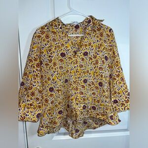 COULEUR by Finley Orange Yellow Floral Print V Neck Pull On Tunic Blouse Small